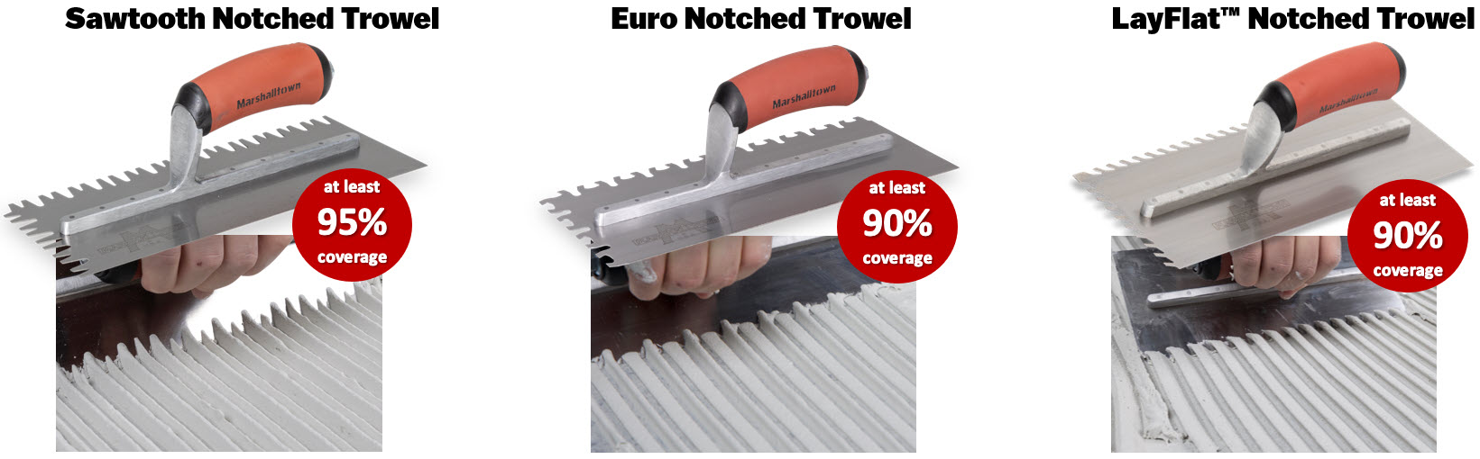 the three large format tile trowels marshalltown offers including the Sawtooth, Euro, and LayFlat